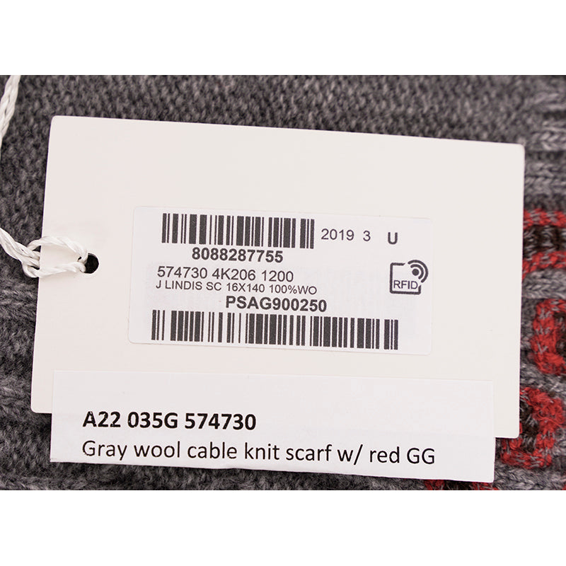 NEW $395 GUCCI Gray Heather 100% Wool CABLE KNIT RED GG LOGO 55" Long SCARF NWT
