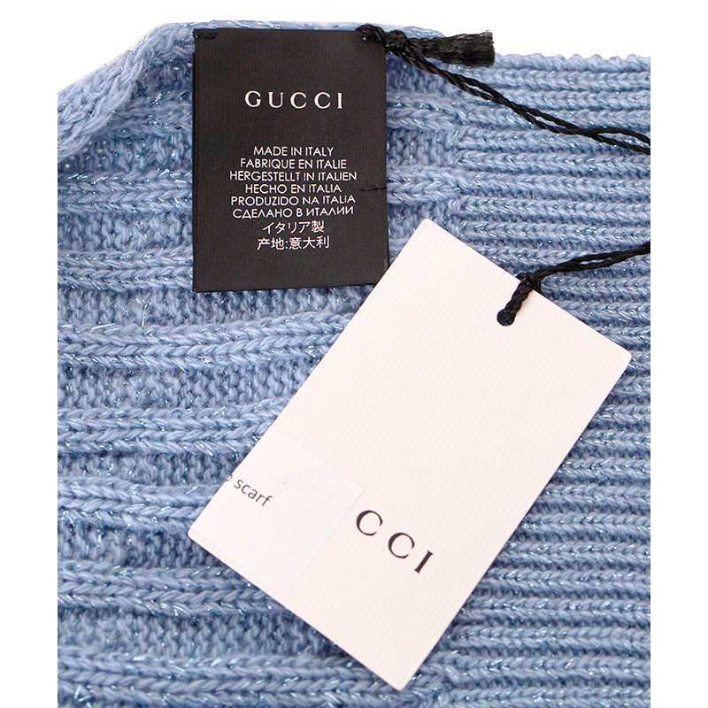 NEW $495 GUCCI Sky Blue Metallic Wool Cashmere Blend CABLE KNIT 87" Long SCARF