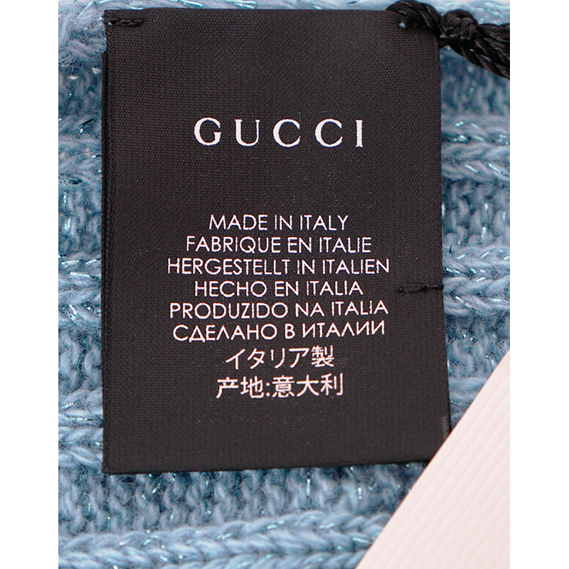 NEW $495 GUCCI Sky Blue Metallic Wool Cashmere Blend CABLE KNIT 87" Long SCARF