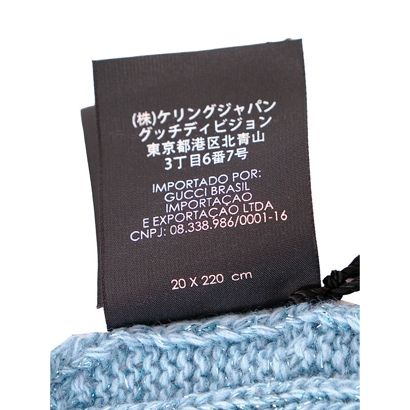 NEW $495 GUCCI Sky Blue Metallic Wool Cashmere Blend CABLE KNIT 87" Long SCARF