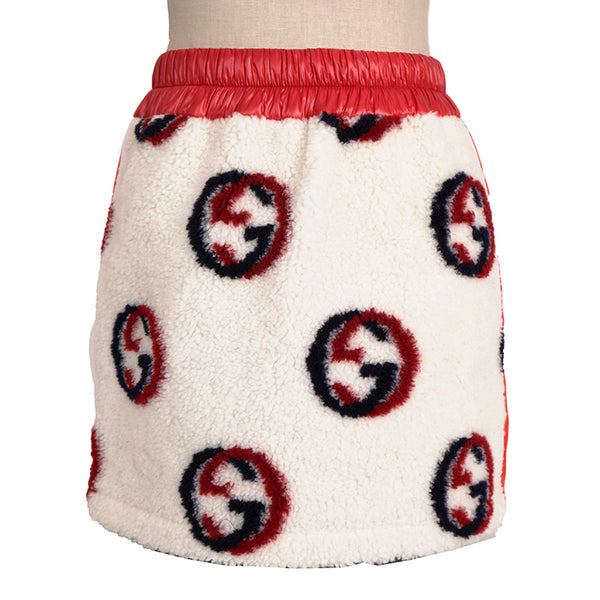 sz XS NEW $1,350 GUCCI Ivory Red GG Wool-Blend Fleece Jacquard SPORTY Mini SKIRT