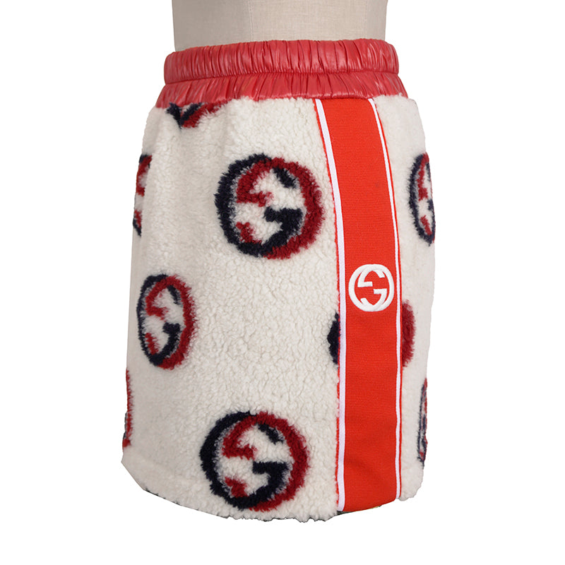 sz XS NEW $1,350 GUCCI Ivory Red GG Wool-Blend Fleece Jacquard SPORTY Mini SKIRT
