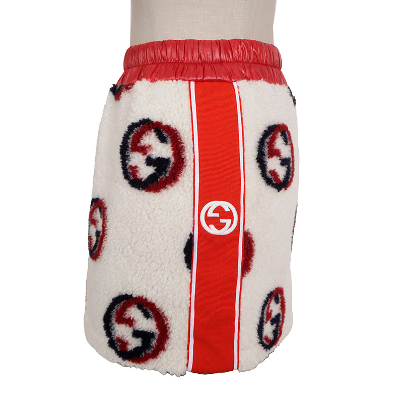 sz XS NEW $1,350 GUCCI Ivory Red GG Wool-Blend Fleece Jacquard SPORTY Mini SKIRT