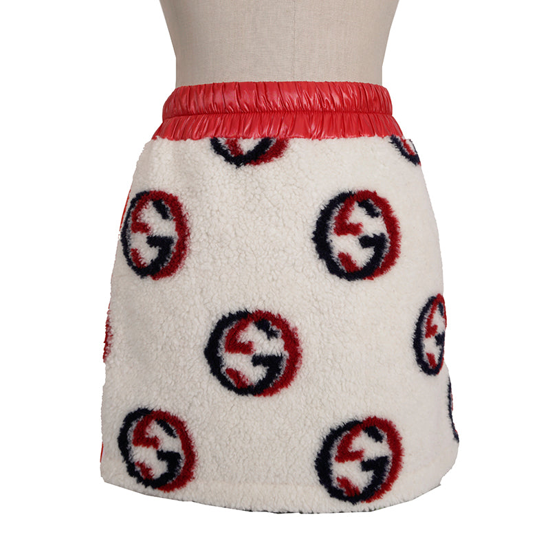 sz XS NEW $1,350 GUCCI Ivory Red GG Wool-Blend Fleece Jacquard SPORTY Mini SKIRT
