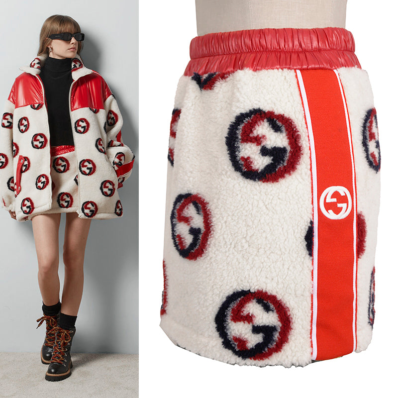 sz XS NEW $1,350 GUCCI Ivory Red GG Wool-Blend Fleece Jacquard SPORTY Mini SKIRT