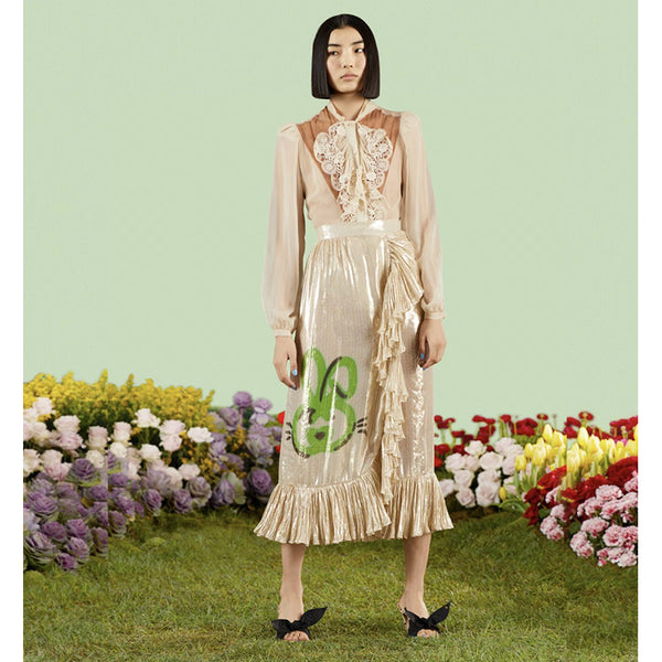 sz XS NEW $2800 GUCCI Gold Silk Ruffled Metallic GG RABBIT LUNAR YEAR Wrap SKIRT