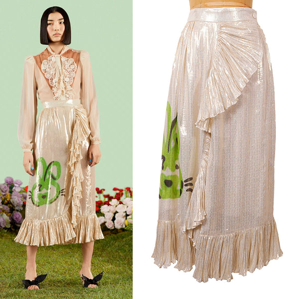 sz XS NEW $2800 GUCCI Gold Silk Ruffled Metallic GG RABBIT LUNAR YEAR Wrap SKIRT