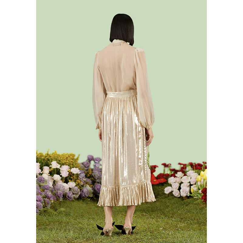 sz XS NEW $2800 GUCCI Gold Silk Ruffled Metallic GG RABBIT LUNAR YEAR Wrap SKIRT