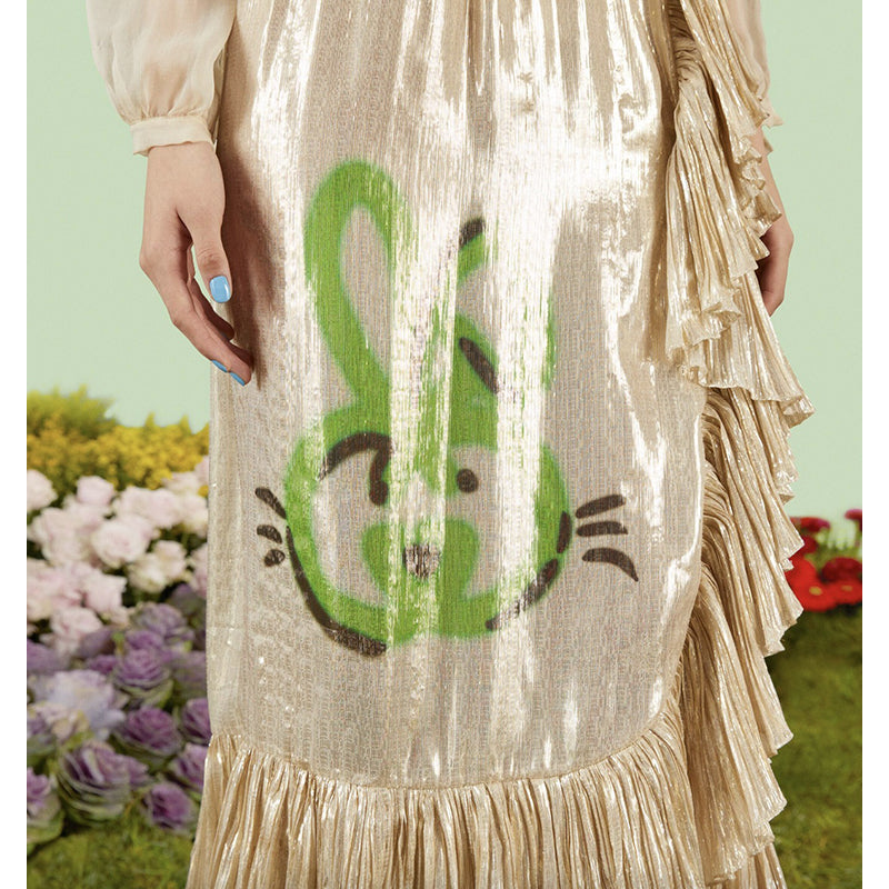 sz XS NEW $2800 GUCCI Gold Silk Ruffled Metallic GG RABBIT LUNAR YEAR Wrap SKIRT
