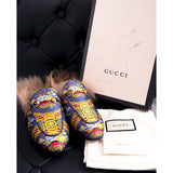 37.5 NEW $1080 GUCCI Floral BROCADE Jacquard FUR Princetown Slippers LOAFERS NIB