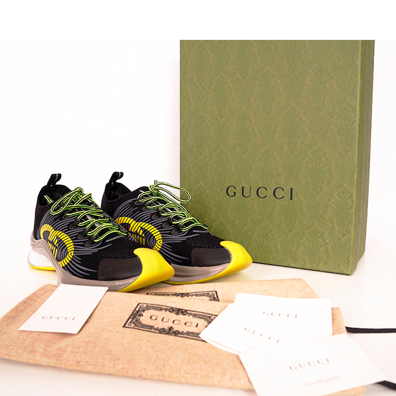 11.5G US 12 NEW $950 GUCCI Black Gray Tech Fabric YELLOW LOGO GG Run SNEAKERS