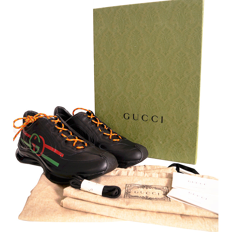 11G 11.5 NEW $1090 GUCCI Men's Black Leather RUN GREEN RED GG Logo SNEAKERS NIB