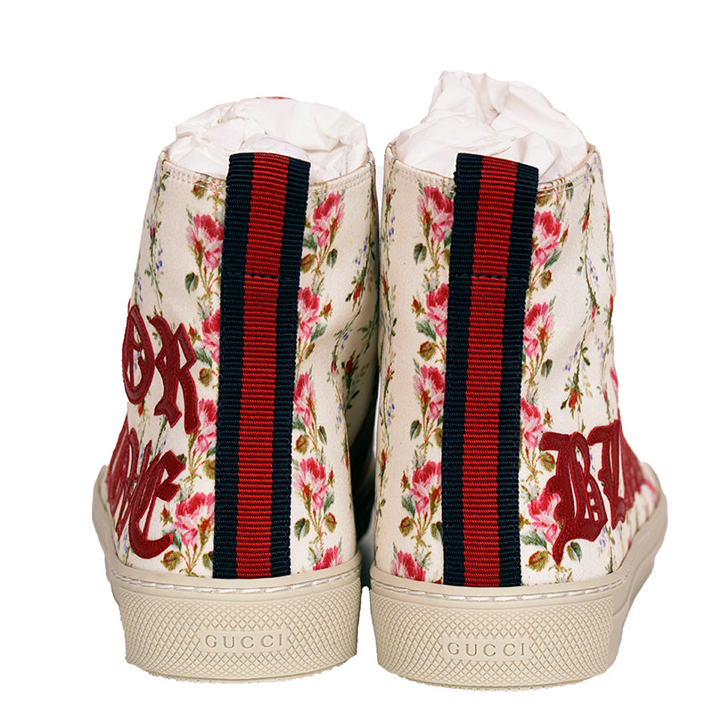 37/38 NEW $795 GUCCI Ivory FLORAL Rose BLIND FOR LOVE Logo Cat HIGH-TOP SNEAKERS