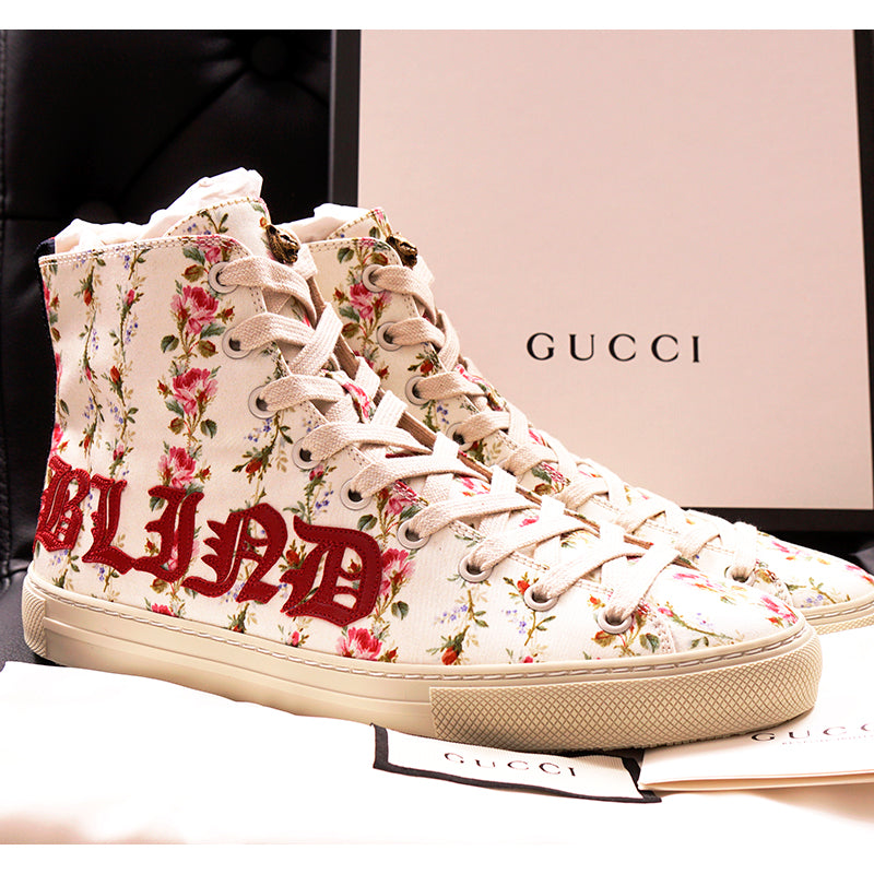 37/38 NEW $795 GUCCI Ivory FLORAL Rose BLIND FOR LOVE Logo Cat HIGH-TOP SNEAKERS