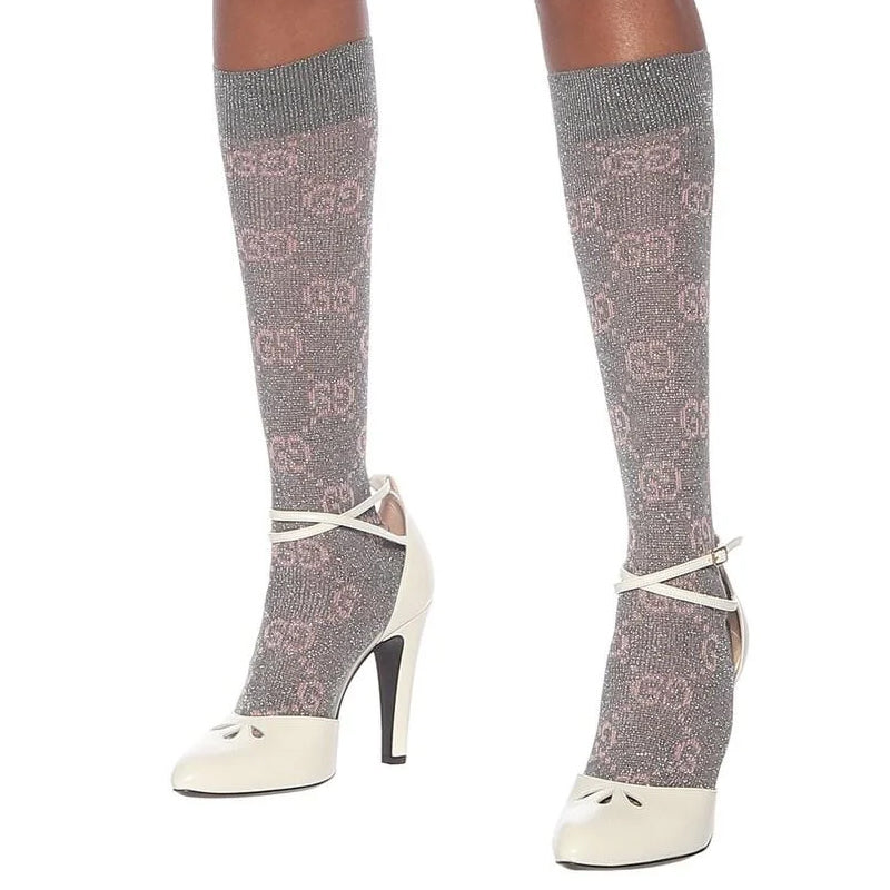 S NEW $290 GUCCI Woman's Gray w/ PINK GG Logo Lame' Cotton Calf SOCKS & DUSTBAG