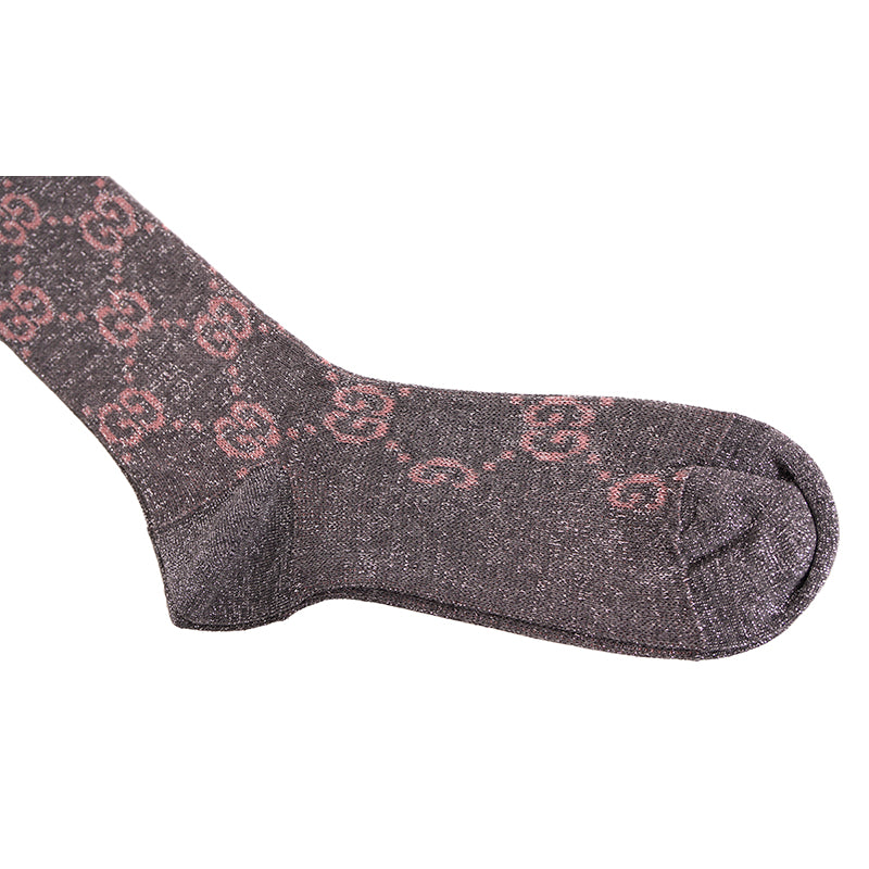 S NEW $290 GUCCI Woman's Gray w/ PINK GG Logo Lame' Cotton Calf SOCKS & DUSTBAG