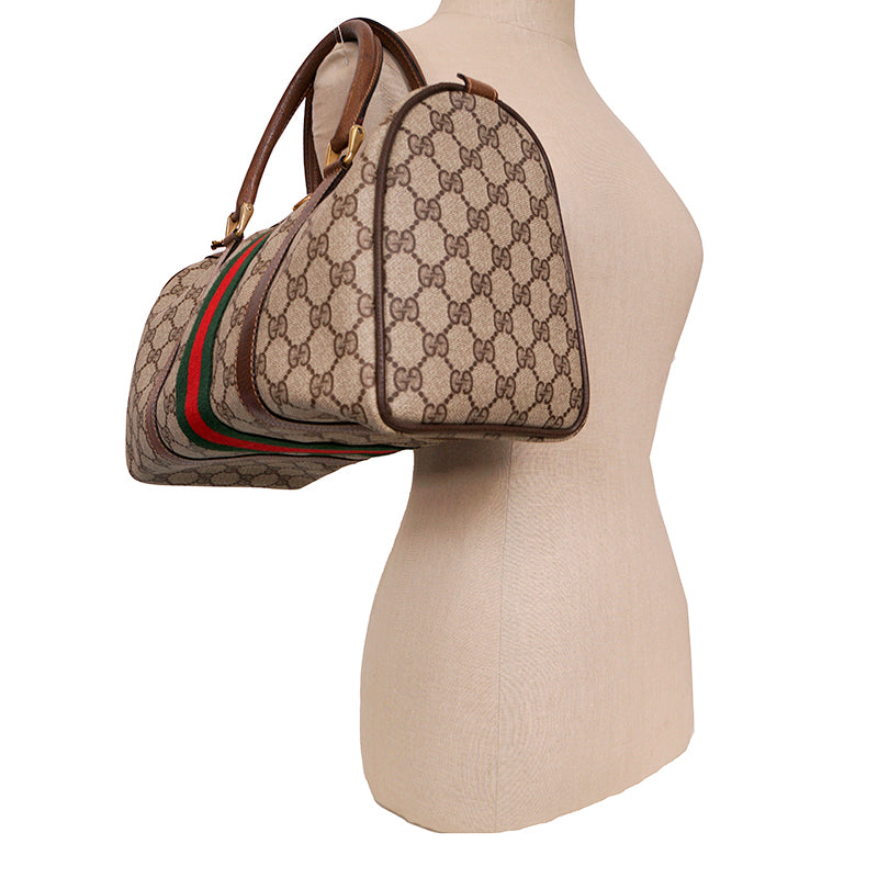 1980 VINTAGE GUCCI Coated Canvas Supreme GG LOGO & Leather Web Sherry BOSTON BAG