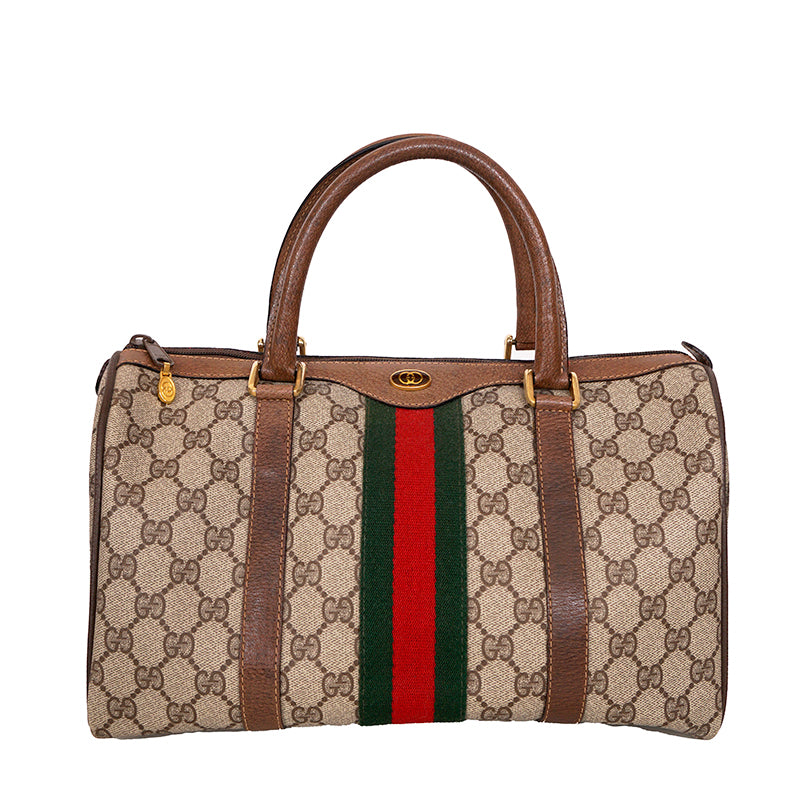 1980 VINTAGE GUCCI Coated Canvas Supreme GG LOGO & Leather Web Sherry BOSTON BAG