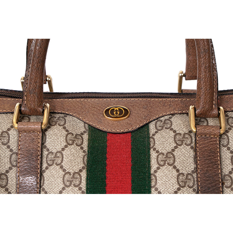 1980 VINTAGE GUCCI Coated Canvas Supreme GG LOGO & Leather Web Sherry BOSTON BAG