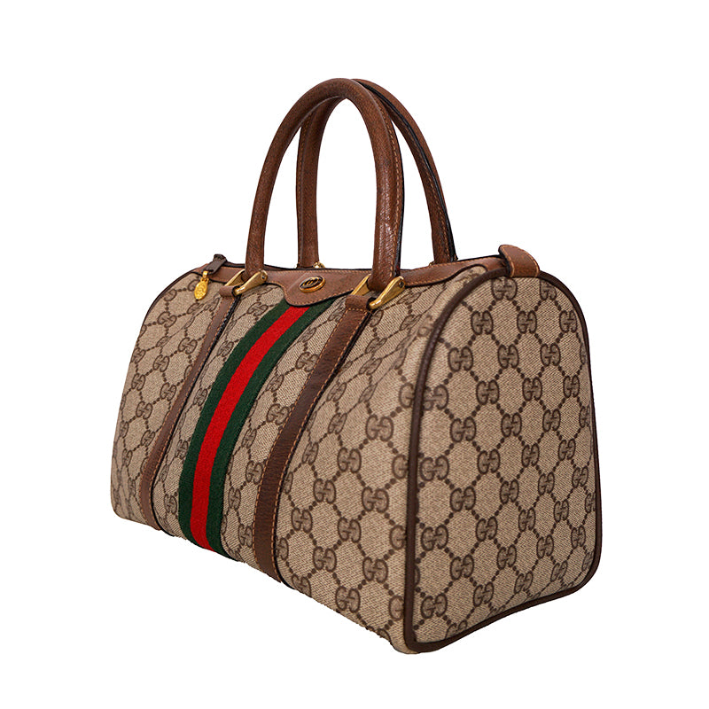 1980 VINTAGE GUCCI Coated Canvas Supreme GG LOGO & Leather Web Sherry BOSTON BAG