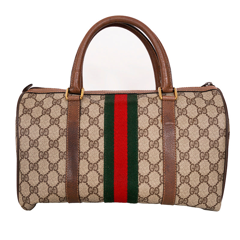 1980 VINTAGE GUCCI Coated Canvas Supreme GG LOGO & Leather Web Sherry BOSTON BAG