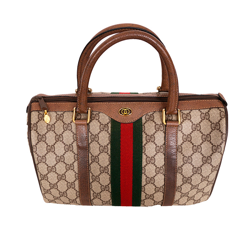 1980 VINTAGE GUCCI Coated Canvas Supreme GG LOGO & Leather Web Sherry BOSTON BAG
