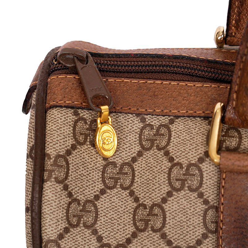 1980 VINTAGE GUCCI Coated Canvas Supreme GG LOGO & Leather Web Sherry BOSTON BAG