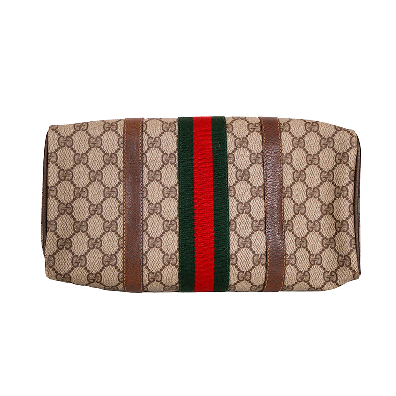 1980 VINTAGE GUCCI Coated Canvas Supreme GG LOGO & Leather Web Sherry BOSTON BAG