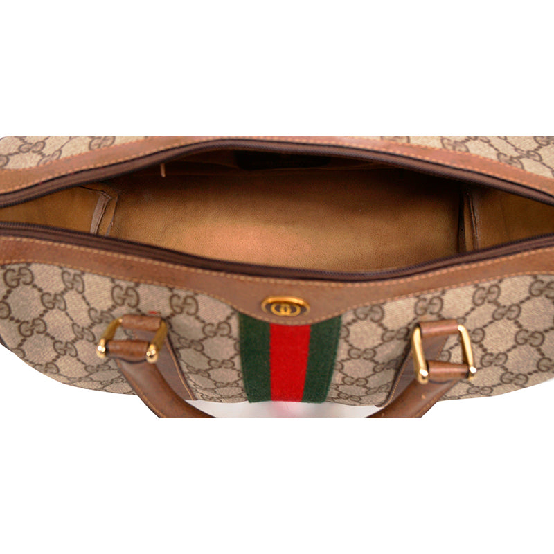 1980 VINTAGE GUCCI Coated Canvas Supreme GG LOGO & Leather Web Sherry BOSTON BAG