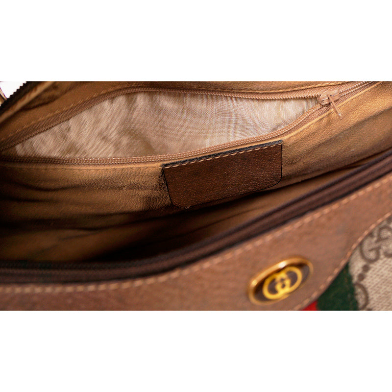 1980 VINTAGE GUCCI Coated Canvas Supreme GG LOGO & Leather Web Sherry BOSTON BAG