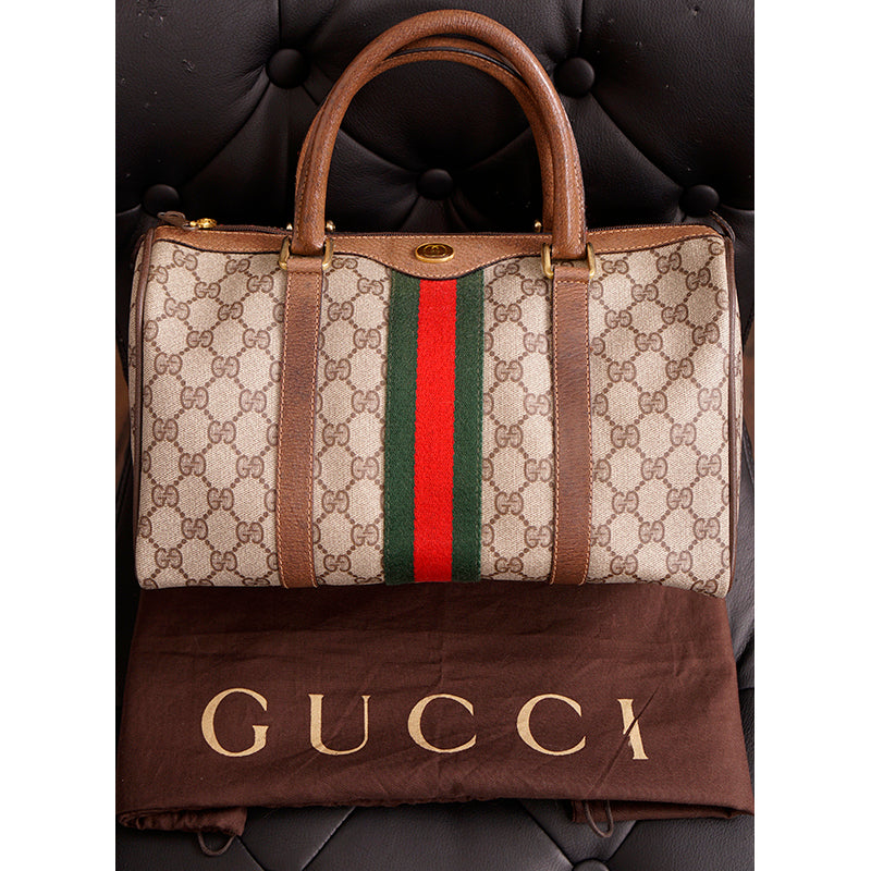 1980 VINTAGE GUCCI Coated Canvas Supreme GG LOGO & Leather Web Sherry BOSTON BAG