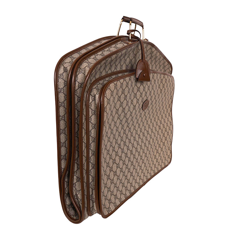 NEW $3980 GUCCI Brown GG Coated Canvas Leather Trim GARMENT BAG HANGER LOCK KEY