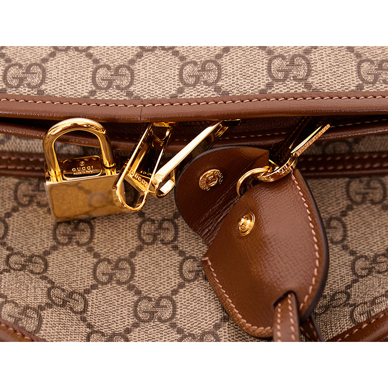 NEW $3980 GUCCI Brown GG Coated Canvas Leather Trim GARMENT BAG HANGER LOCK KEY