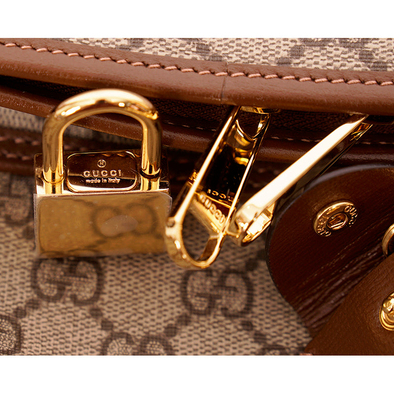 NEW $3980 GUCCI Brown GG Coated Canvas Leather Trim GARMENT BAG HANGER LOCK KEY