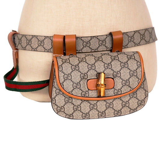 NEW $3,400 GUCCI RUNWAY Coated Canvas & Leather BAMBOO 1947 Mini 2-WAY BELT BAG
