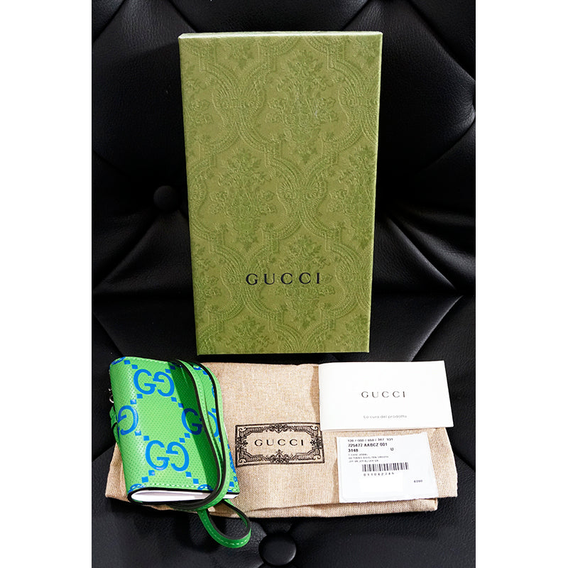 NEW $650 GUCCI Green Perforated Leather Embossed GG CARD HOLDER CASE with STRAP