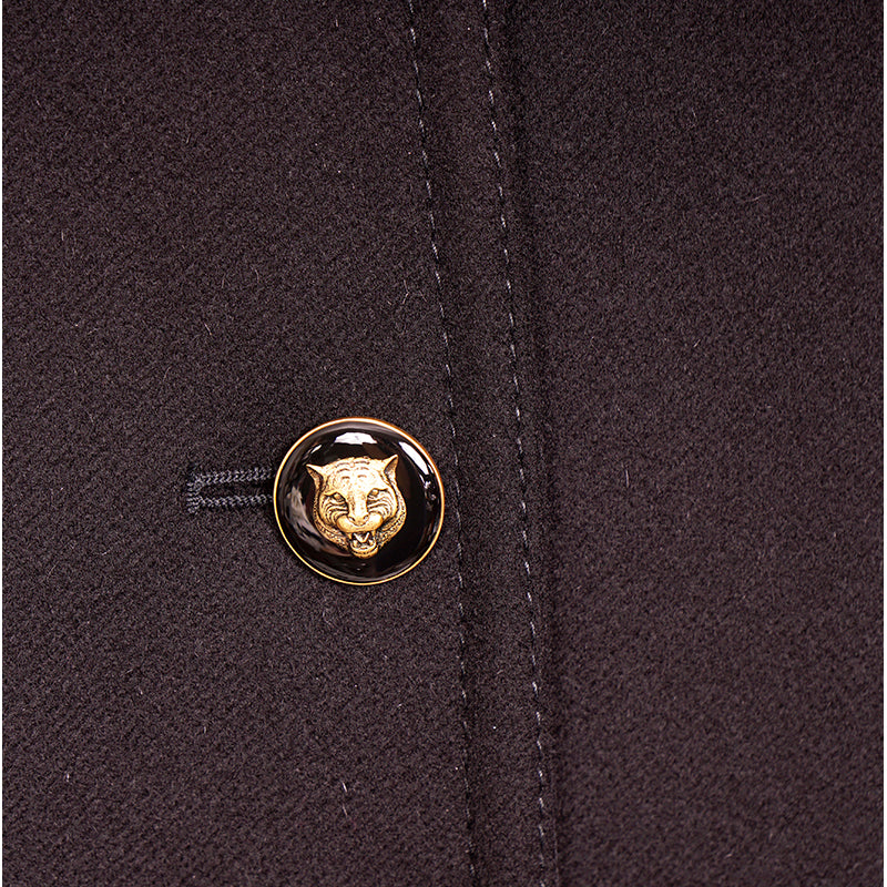 40 NEW $4,700 GUCCI Black Wool CAT TIGER BUTTON Leather Trim HORSEBIT LOGO COAT