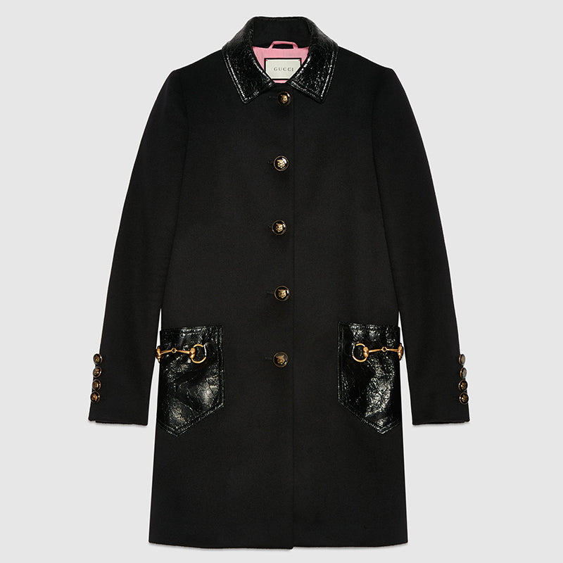 40 NEW $4,700 GUCCI Black Wool CAT TIGER BUTTON Leather Trim HORSEBIT LOGO COAT