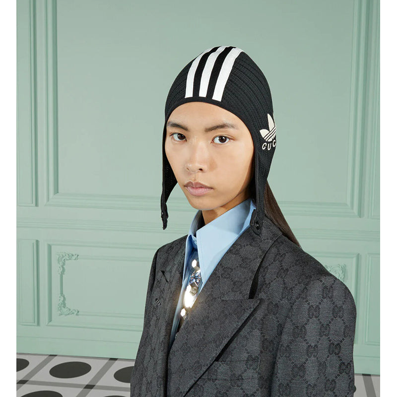 sz S NEW $450 GUCCI x ADIDAS Black Knit LOGO Swimming Hood Style Balaclava HAT