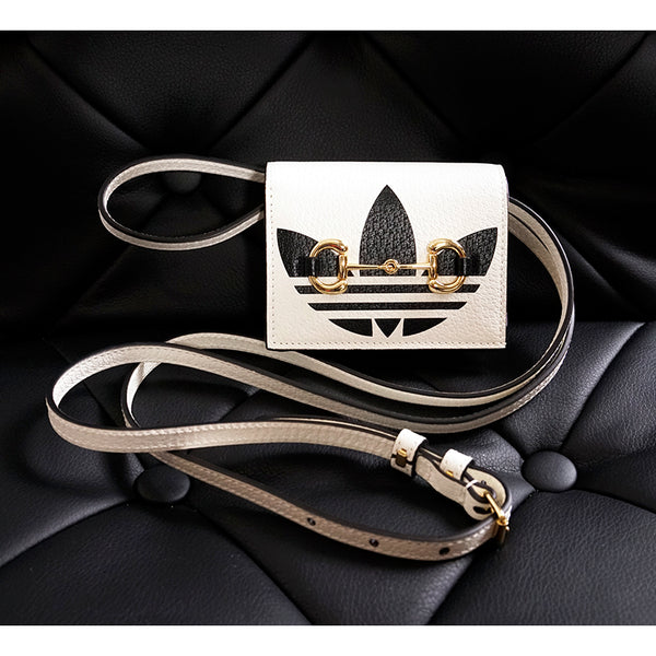 NEW $895 GUCCI Adidas Collab White Leather 1955 Horsebit CARD HOLDER MINI BAG