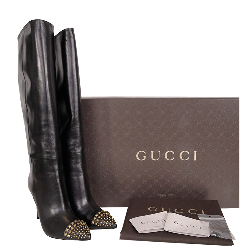 sz 37 GUCCI Black Leather GOLD STUDDED TOE Colin Fall Winter KNEE BOOTS Worn 1X