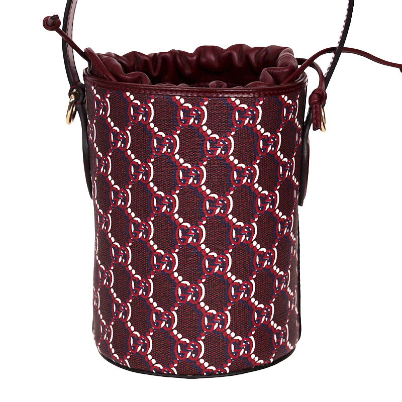 NEW $1,980 GUCCI Dark Red Rosso Ancora Coated Canvas GG SHADOW Mini BUCKET BAG