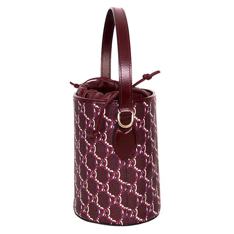 NEW $1,980 GUCCI Dark Red Rosso Ancora Coated Canvas GG SHADOW Mini BUCKET BAG