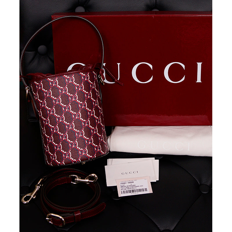 NEW $1,980 GUCCI Dark Red Rosso Ancora Coated Canvas GG SHADOW Mini BUCKET BAG