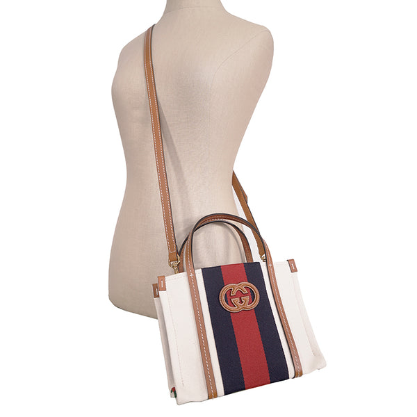 NEW $1800 GUCCI Ivory Canvas GG LEATHER Interlocking LOGO 2 WAY TOTE BAG 727735