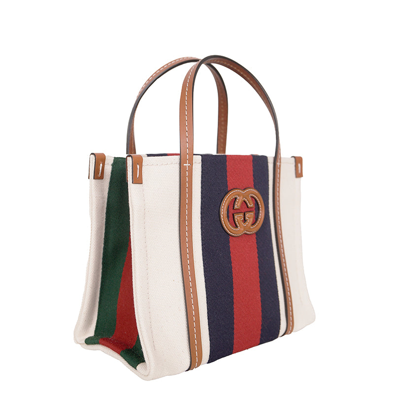 NEW $1800 GUCCI Ivory Canvas GG LEATHER Interlocking LOGO 2 WAY TOTE BAG 727735