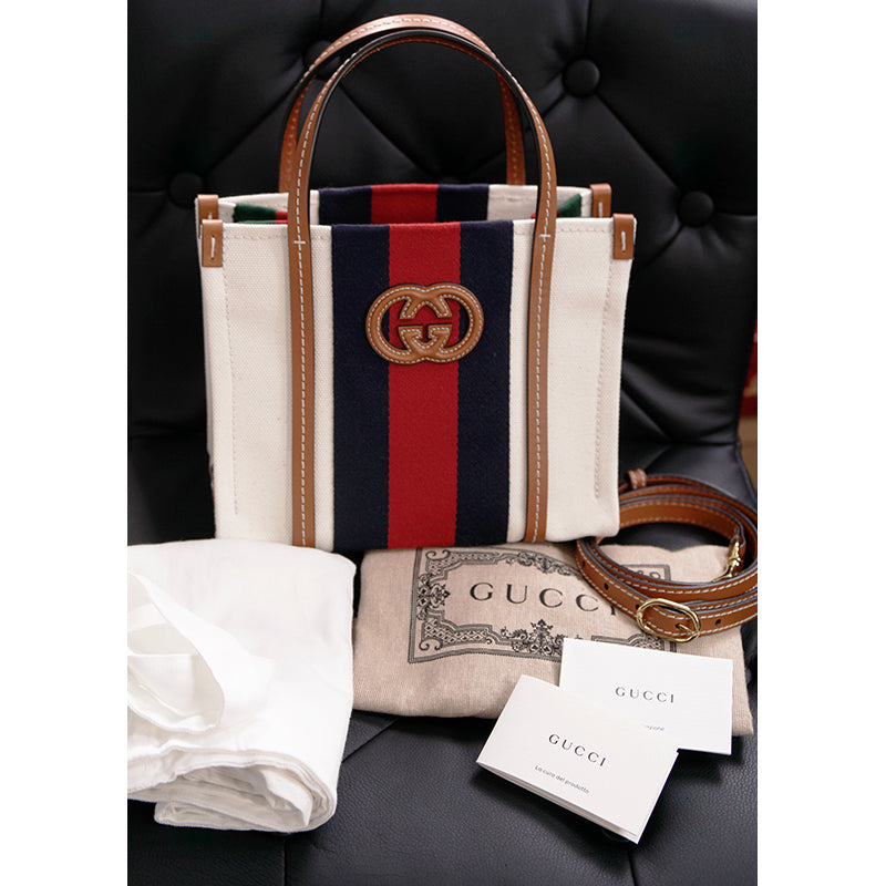 NEW $1800 GUCCI Ivory Canvas GG LEATHER Interlocking LOGO 2 WAY TOTE BAG 727735