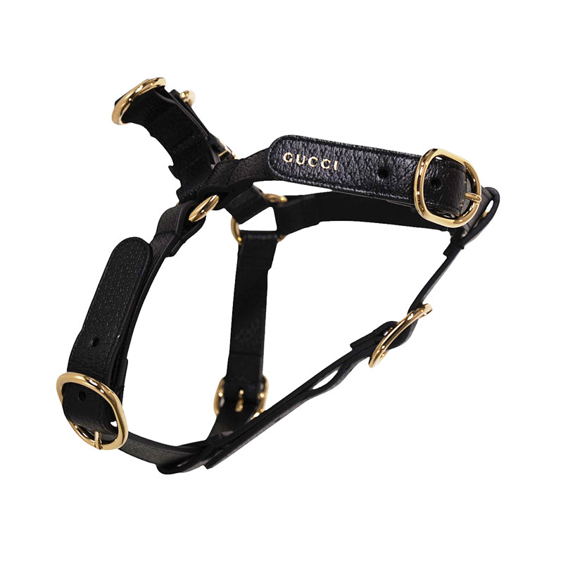 sz M NEW $650 GUCCI Black Demetra Leather-Style Gold Hardware LOGO PET HARNESS