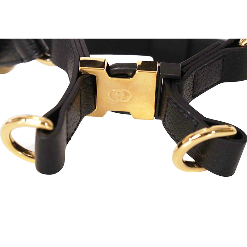 sz M NEW $650 GUCCI Black Demetra Leather-Style Gold Hardware LOGO PET HARNESS