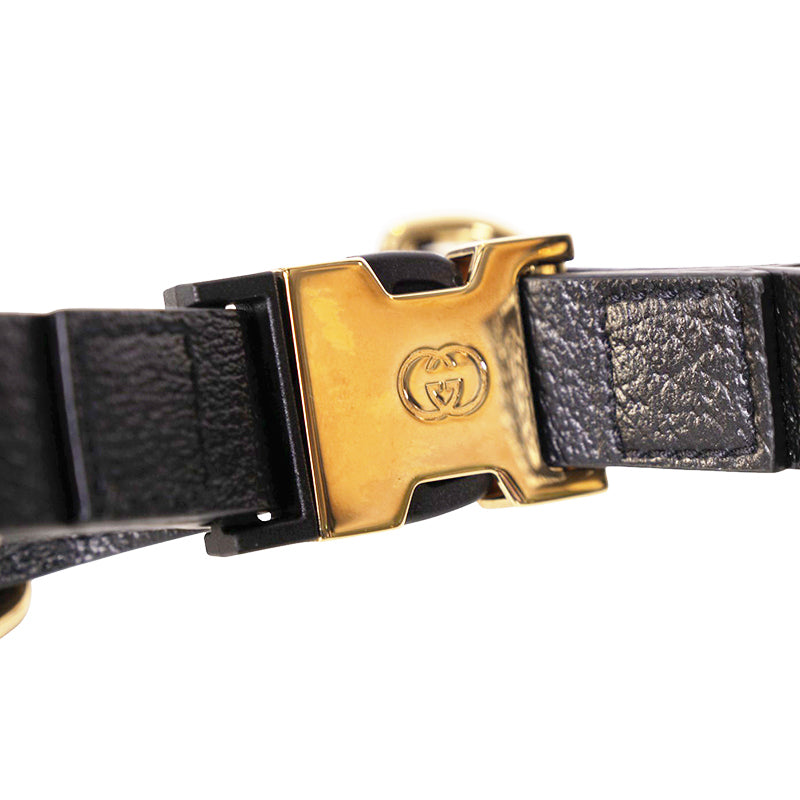 sz M NEW $650 GUCCI Black Demetra Leather-Style Gold Hardware LOGO PET HARNESS